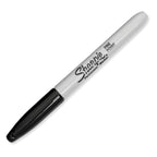 Sharpie Fine Tip Black Ink Permanent Markers in a pack of 12, showcasing the marker tips and packaging design.