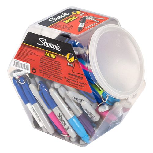 Set of 72 Sharpie fine tip mini permanent markers in assorted colors, featuring compact design and versatile permanent ink.