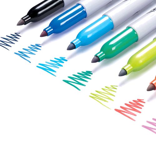 Set of 18 Sharpie fine tip permanent markers in assorted colors, featuring durable tip for precise writing and artwork.