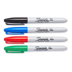 Set of four Sharpie fine tip permanent markers in assorted colors, featuring durable tips for bold, lasting ink on various surfaces.