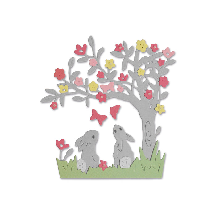 Sizzix Thinlits Die Set 3-Pack Bunny Scene by Olivia Rose, featuring detailed die cuts for creating bunny-themed paper crafts.