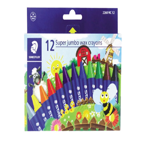 Staedtler SuperJumbo Wax Crayons set of 12 vibrant colors in a box for kids' art and creative projects. Main image
