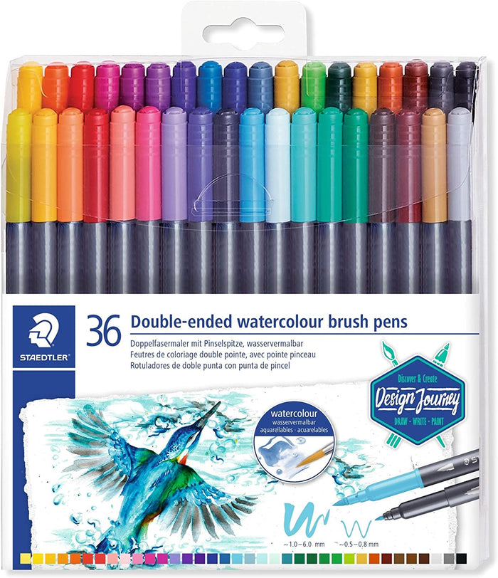 Staedtler Marsgraphic 3001-TB36 double-ended watercolor brush markers with vibrant ink and flexible brush tips for art and illustration.