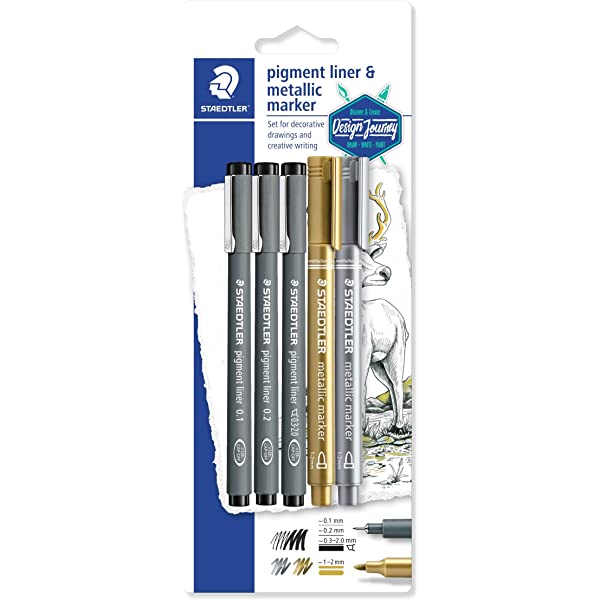 Staedtler Pigment liner Metalic Colors 3Fineliner,1Gold,1Silver - Al Masam Stationery LLC Main image