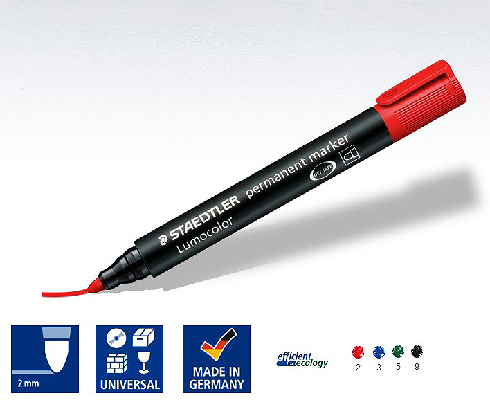 Staedtler permanent marker with round tip, black ink, and ergonomic design for bold, permanent writing on various surfaces.