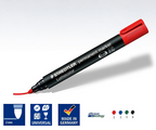 Staedtler permanent marker with round tip, black ink, and ergonomic design for bold, permanent writing on various surfaces.