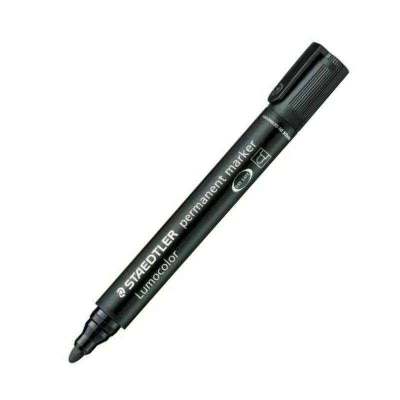 Staedtler permanent marker with round tip showing black ink and a sleek black body, ideal for bold, permanent writing and marking.
