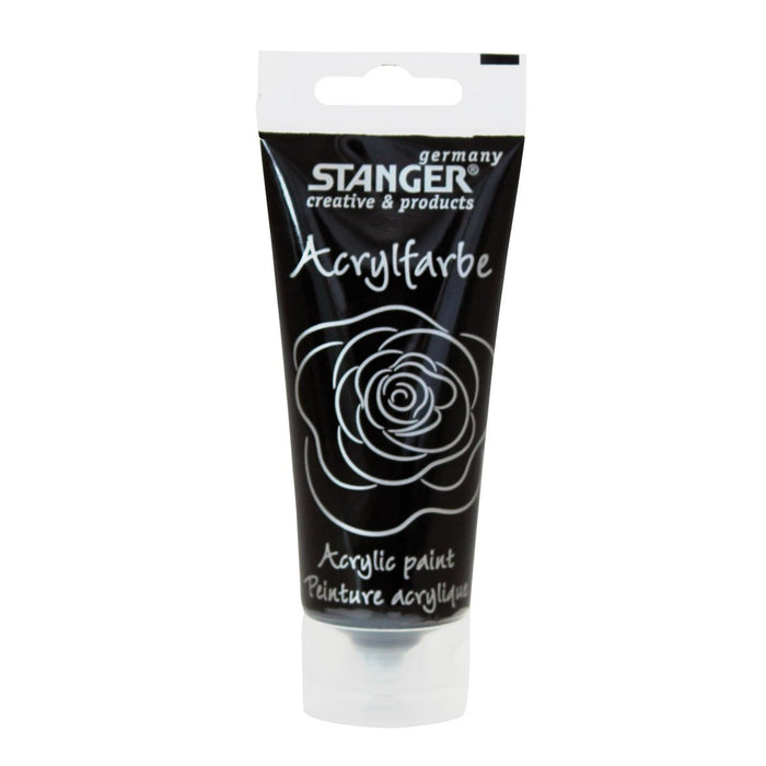 Black acrylic paint in a 75 ml bottle from Stanger, shown in a clear plastic container with the cap off.
