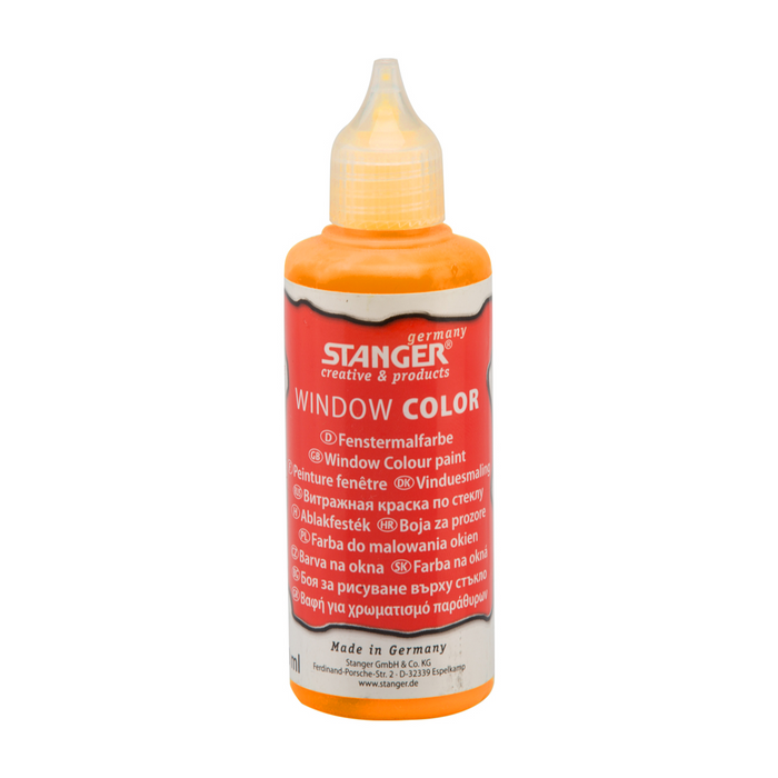 Stanger Window Colour paint in 80ml orange bottle with orange-colored paint visible inside, ideal for decorative window projects.