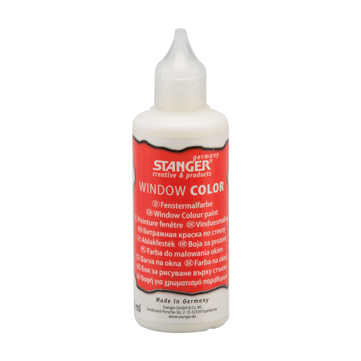 Stanger Window Colour paint in white, 80 ml bottle showcasing the smooth texture and vibrant color suitable for glass. Main image