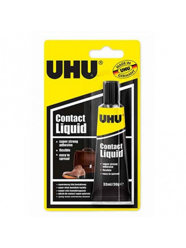 UHU High Resistance Contact Liquid glue in a 33ml blister pack, ideal for strong bonding of various materials.