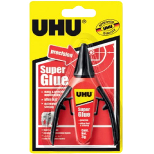 UHU Super Glue Precision 3g stick, clear adhesive for detailed bonding, shown with the glue stick and packaging.