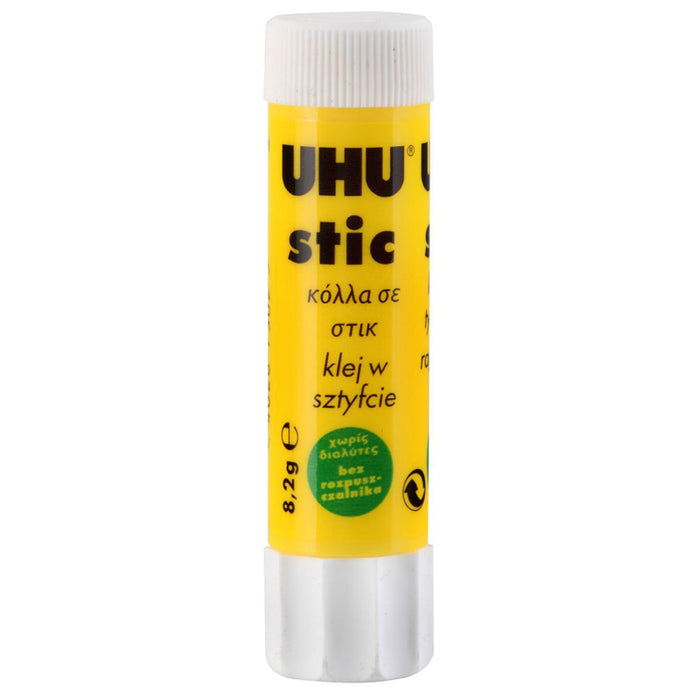 UHU Gluestic 8.2g adhesive glue stick with white plastic cap and label, suitable for craft and school projects.