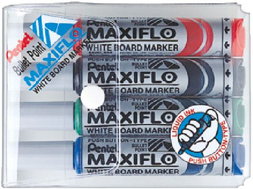 Pentel MWL5M Maxiflow White Board Marker Bullet Tip - (Wallet of 4) - Al Masam Stationery LLC