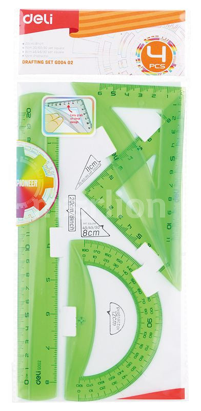 Deli Drafting Ruler Set Squares Protractor 20cm Translucent 3C - Al Masam Stationery LLC
