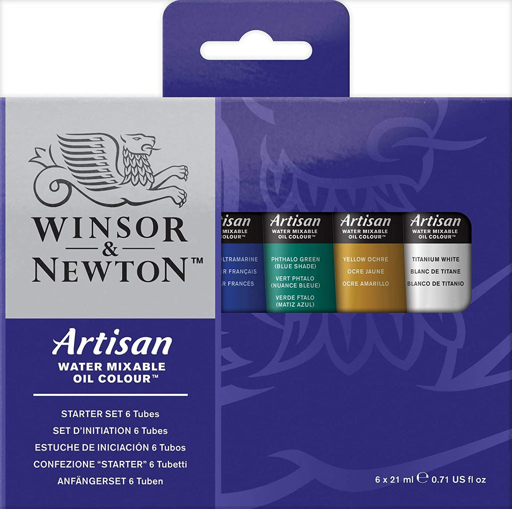 Winsor & Newton Artisan Water Mixable Oil Colour Starter Set featuring 6 tubes of vibrant 21ml oil paint.