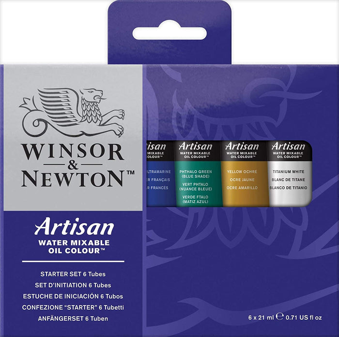 Winsor & Newton Artisan Water Mixable Oil Colour Starter Set featuring 6 tubes of vibrant 21ml oil paint.