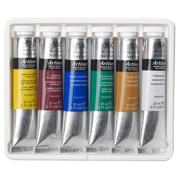Winsor & Newton Artisan Water Mixable Oil Colour Starter Set with 6 tubes, each 21ml, showcasing vibrant colors.