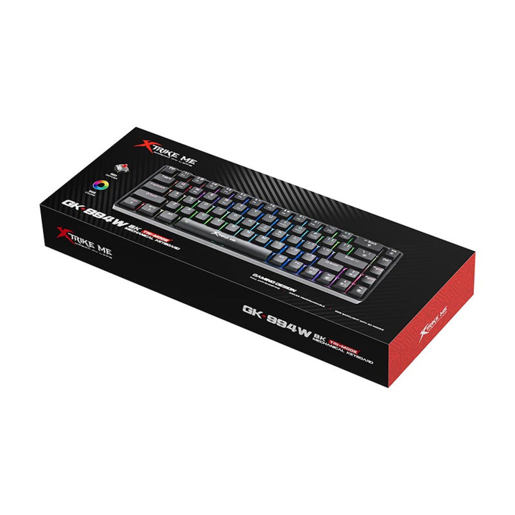 Xtrike Me GK-994W black wireless keyboard with sleek design and ergonomic layout on a clean background.
